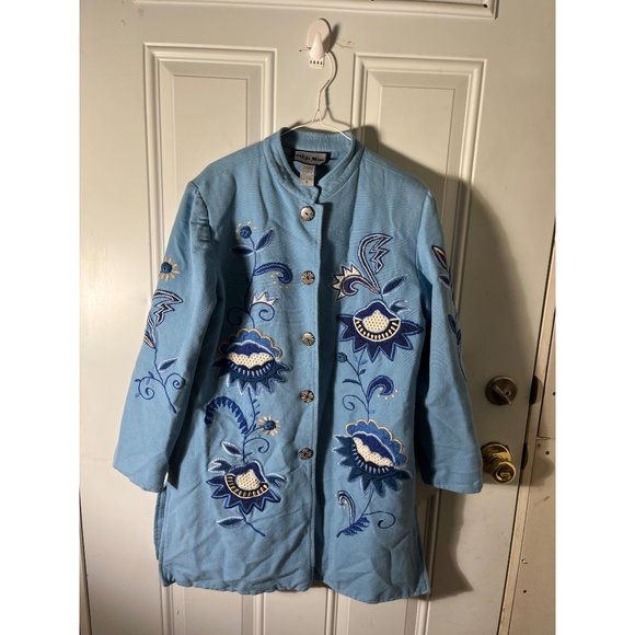 Indigo Moon Jackets & Blazers - Indigo Moon woman’s BOHO 4 button blue embroidered coat size small.